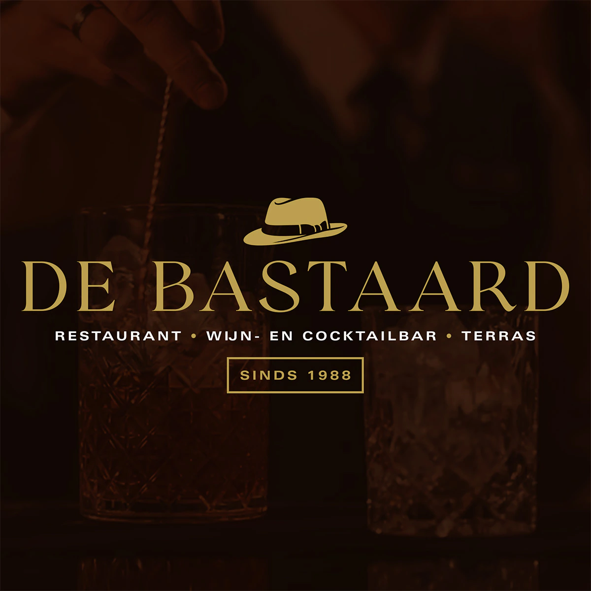 Huisstijl De Bastaard, logo met hoed voor restaurant, wijn- en cocktailbar en terras, sinds 1988, BJG Groep