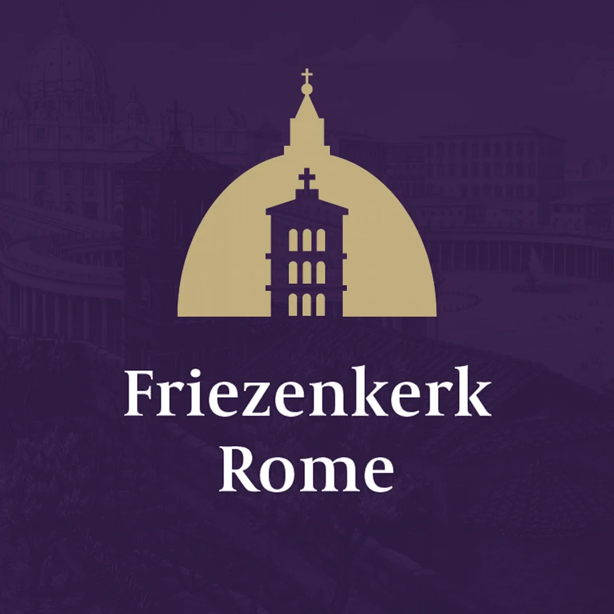 Huisstijl Friezenkerk Rome, logo met de koepel van de Sint-Pieter en de toren van de Friezenkerk