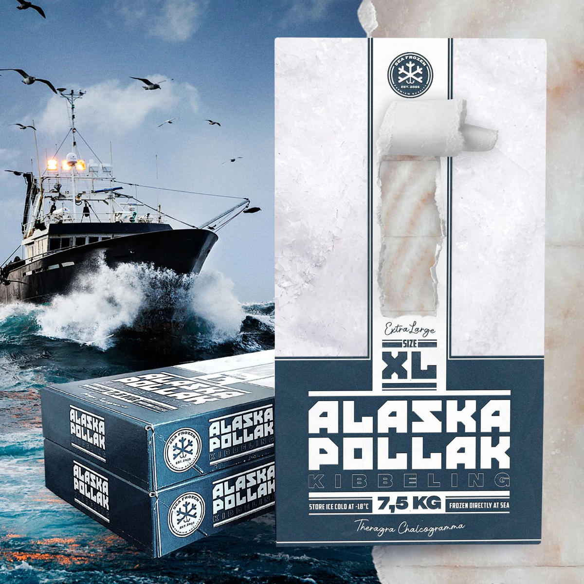 Merchandise en verpakkingsontwerp Sea Frozen, Alaska pollak kibbeling, Urk