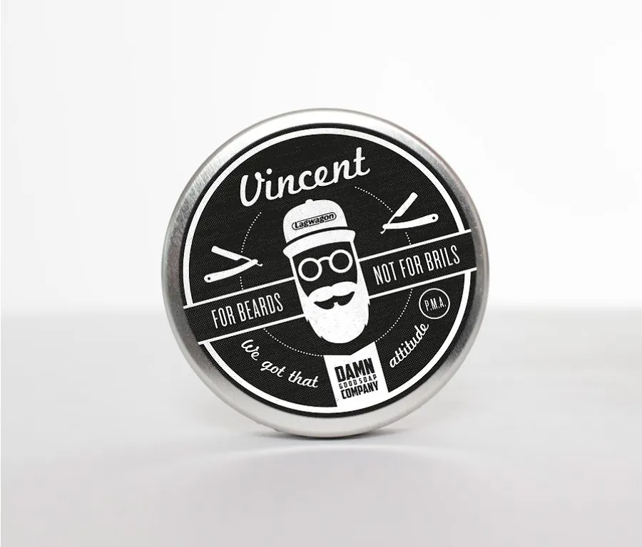 Merchandise en verpakkingsontwerp Vincent baardbalsem, for beards not for girls